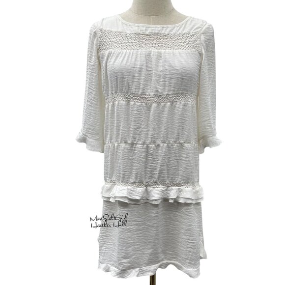 Who What Wear White Ruffle Hem Lace Detail 3/4 Sleeve Dress Size Small - Picture 1 of 6